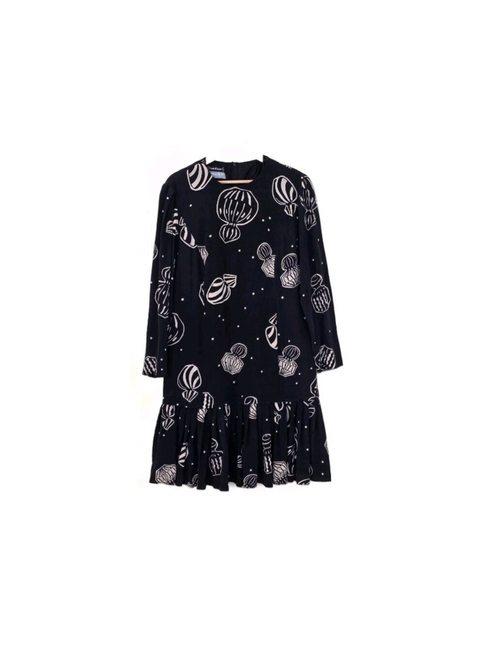 Vtg Louis Feraud Dress US 14 Black Cream Perfume Bottles Graphic Drop Waist Mod